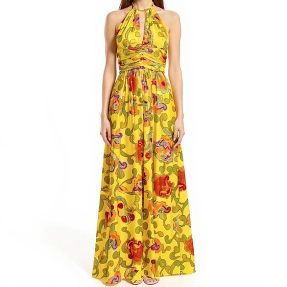 Trina Turk Silk Retro Floral Halter Maxi Dress Gown - Picture 1 of 7